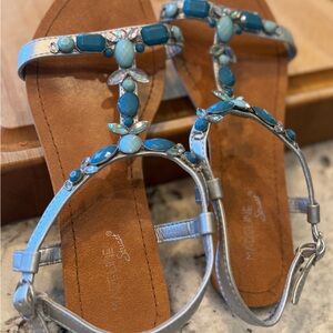 Silver and Blue Gladiator Sandals with Studded Straps